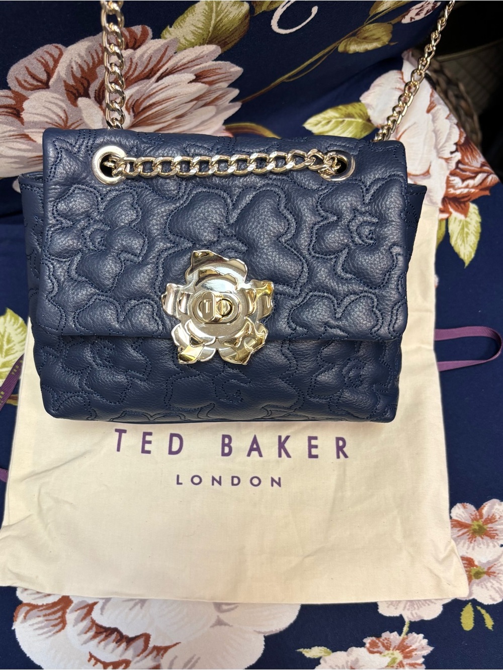Ted Baker Ayshana Magnolia Quilted Mini Crossbody Bag Navy Blue Leather